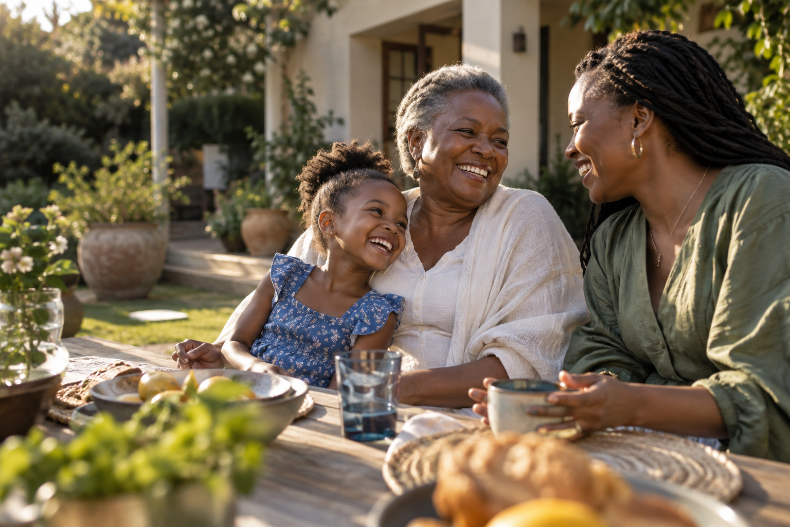 Three generations sharing a joyful afternoon together outdoors